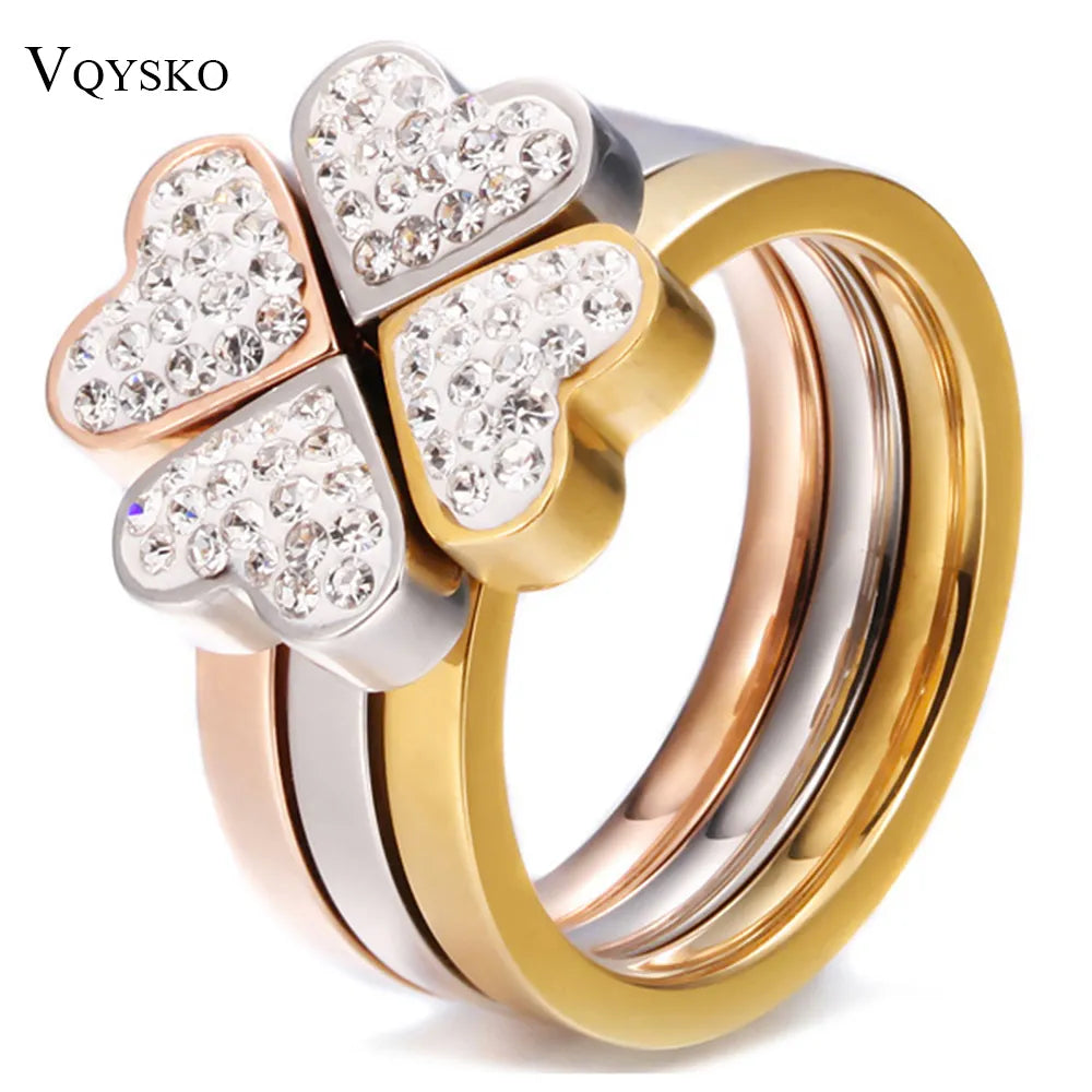 316L Stainless Steel Jewelry Unique 3in1 Heart Rings For Women Surgical Steel Nickle Free CZ Crystal Flower rings