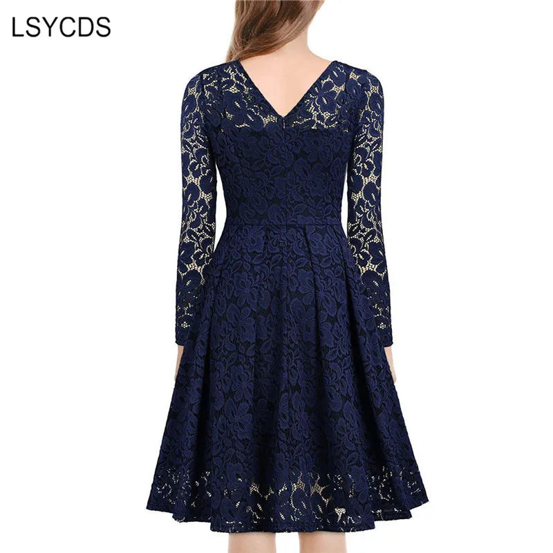 LSYCDS Elegant Sexy Dress for Women Vintage Lace Long Sleeve V Neck Black Blue Robe Femme Casual Dresses Woman Party Night 2023