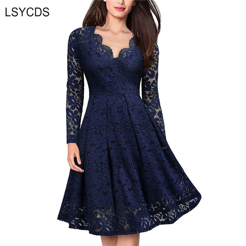 LSYCDS Elegant Sexy Dress for Women Vintage Lace Long Sleeve V Neck Black Blue Robe Femme Casual Dresses Woman Party Night 2023