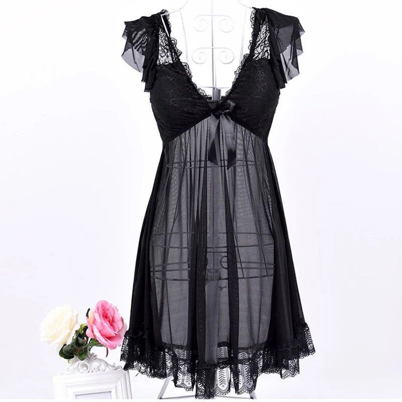 Sexy Nightie Large Size V-neck Bow Lace Thin Mesh lingerie for Women Plus Size Women's Nightgown Summer Sleepwear