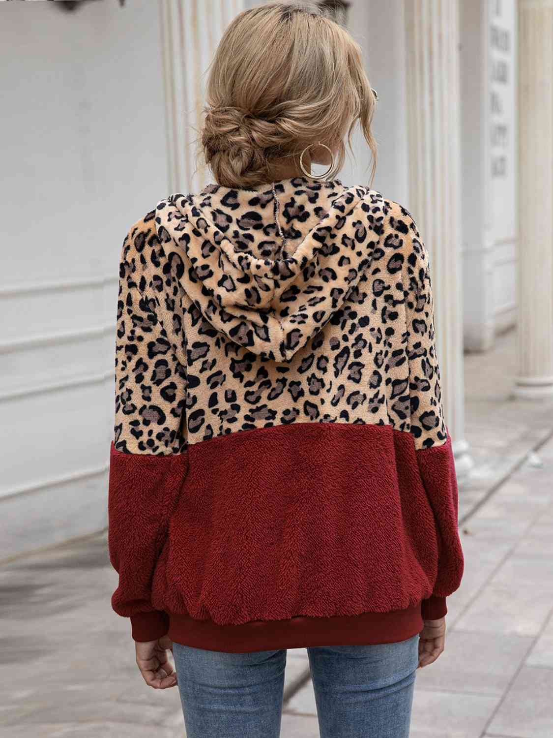 Leopard Drawstring Hooded Long Sleeve Outerwear