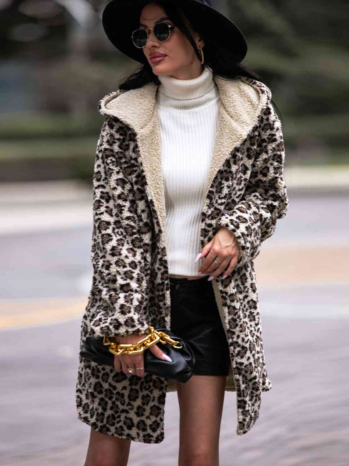 Leopard Hooded Coat with Pockets